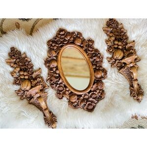 Vintage Syroco Brown Flowers & Fruit Wall Sconces and Mirror Set Boho Retro MCM